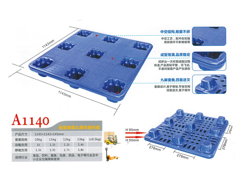 單面九腳型A1140<br> 單面九腳吹塑卡闆 <br>1143*1143*145mm